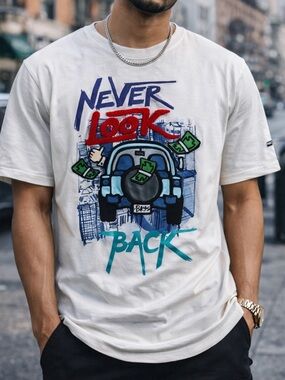 BKYS Never Look Back Graphic Tee Men’s Small White Streetwear Embroidered